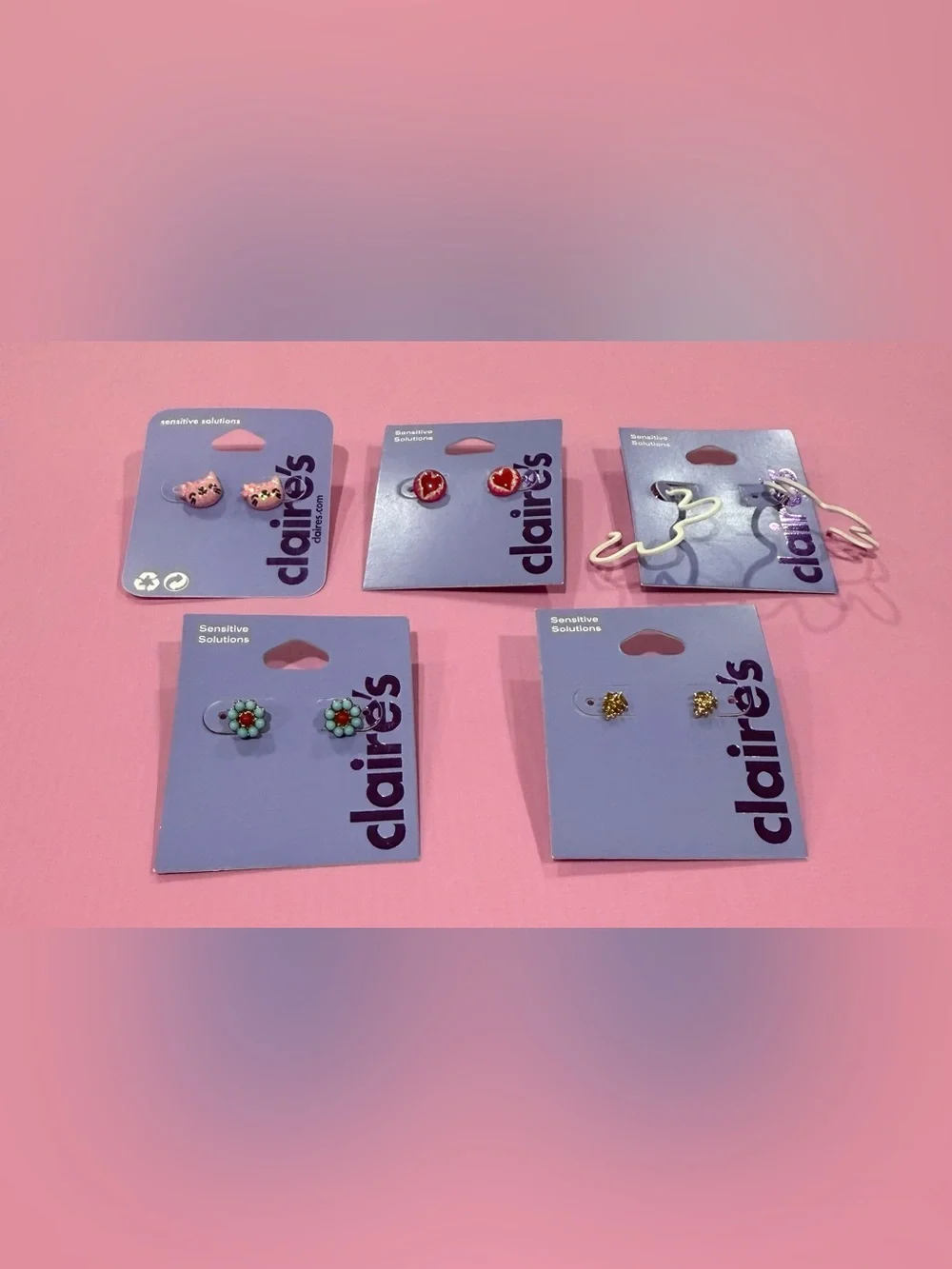 Claire’s Sensitive Solutions 5 Pair Earring Lot NWT Cat Heart Flower Leaf